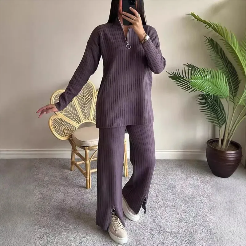 Casual knitted home suit women\'s warm zipper top trousers lapel long sleeves high waist trousers 2 piece suit