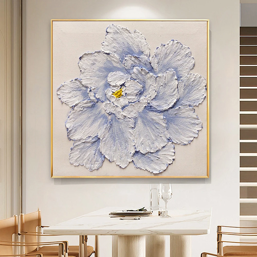 Hand Painted Oil Painting Abstract Blue Flower Oil Painting on Canvas Original Floral Minimalist Art Boho Wall Decor Living Room