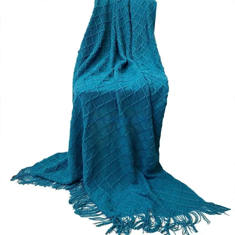 H7ED Nordic Acrylic Knitted Sofa Throw Blanket with Tassels Rhombus Textured Shawl Warm Cozy Lightweight Woven Decorative