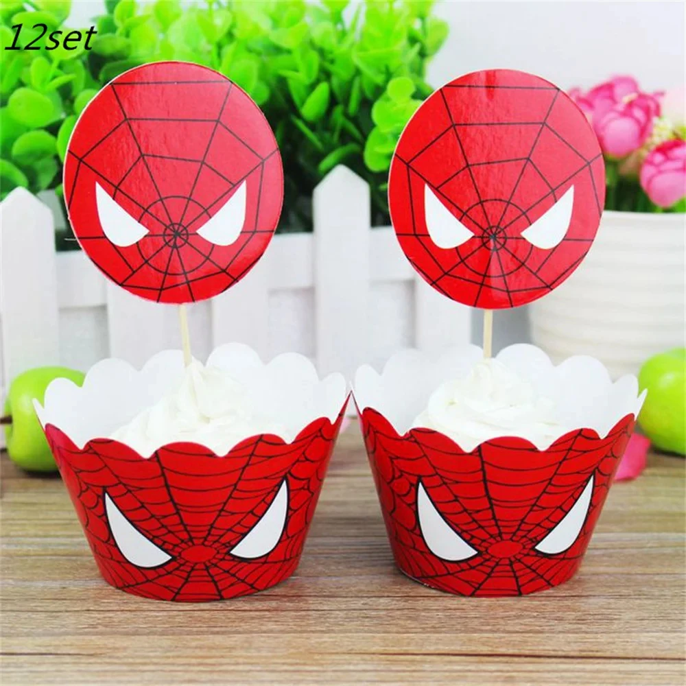 24Pcs Spiderman Cake Decoration Including 12Pc Cupcake Topper and 12Pc Cupcake Wrapper for Kids Boys Birthday Spidey Party Gifts