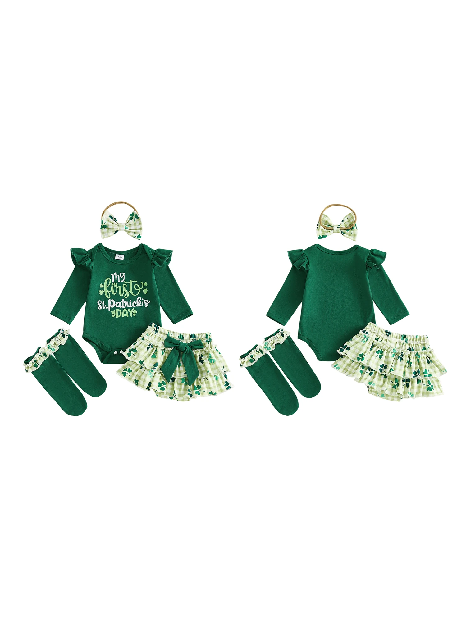 

St Patrick s Day Baby Girl Outfit Green Clover Print Romper Skirt Bow Headband Knee-High Socks Set Toddler Clothing