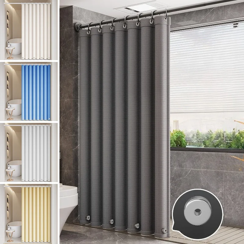 (No Pole) Bathroom Waterproof Fabric Hanging Shower Curtain Shower Partition Curtain Bathroom Screen for Privacy Quick Drying