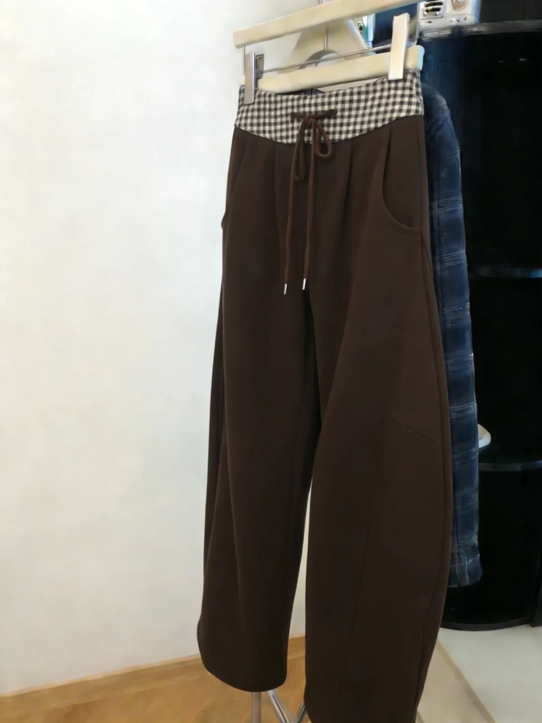 

Retro Coffee Color Plaid Splicing Straight Leg Casual Pants Women's Spring Autumn High Waist Dstring Loose Slim Wide Leg P...