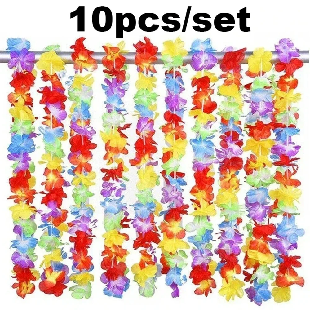 10 Stück hawaiianische Blumenketten, mehrfarbige tropische Blumenketten, Polyester-Blumengirlanden für Luau-Party, Strandtanzparty-Dekoration – Detail 2