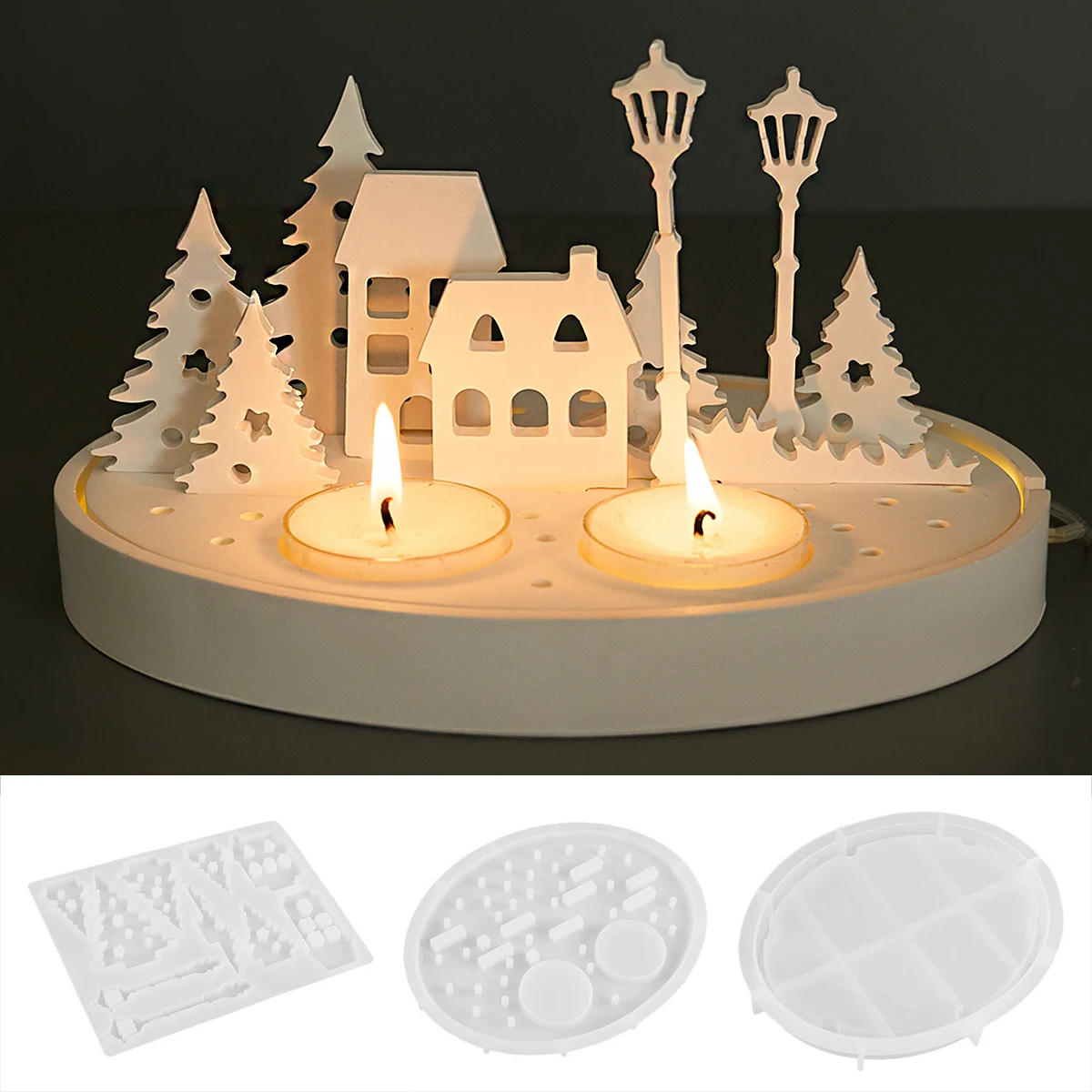 Runde Kerzenhalter Silikonform mit hohlem Baumhaus Straßenlaterne DIY Nachtlicht Silhouette Kerzenständer Form 3D Gips Handwerk