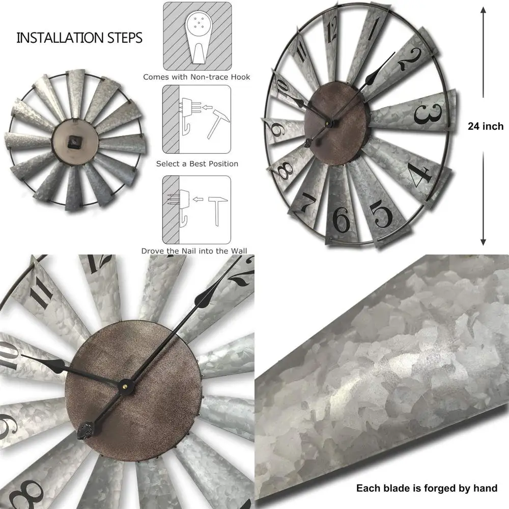 

24 Inch Rustic Metal Windmill Wall Clock - Large Decorative Farmhouse Style, Battery-Powered, Non-Ticking