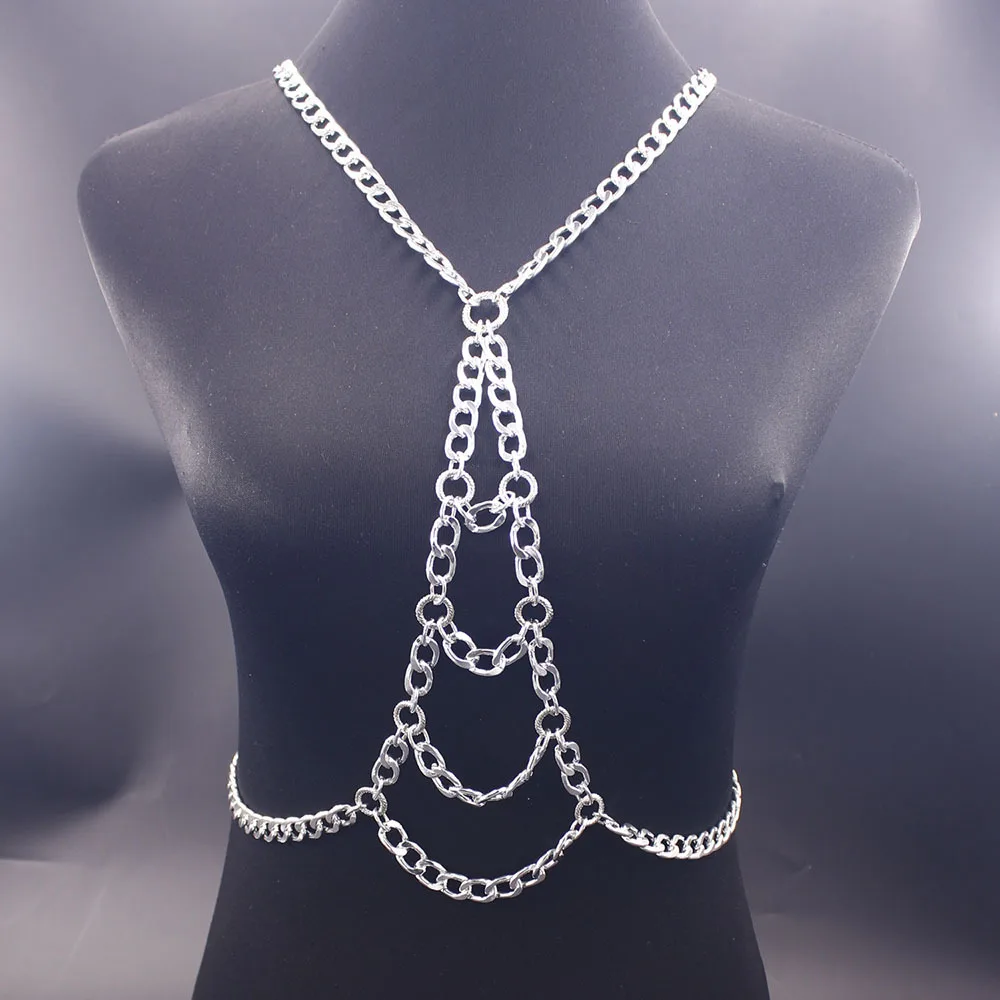 펑크 메탈 청키 두꺼운 브라 체인 바디 체인, 골드 컬러, 섹시한 하네스, 허리 밸리 체인, 바디 쥬얼리