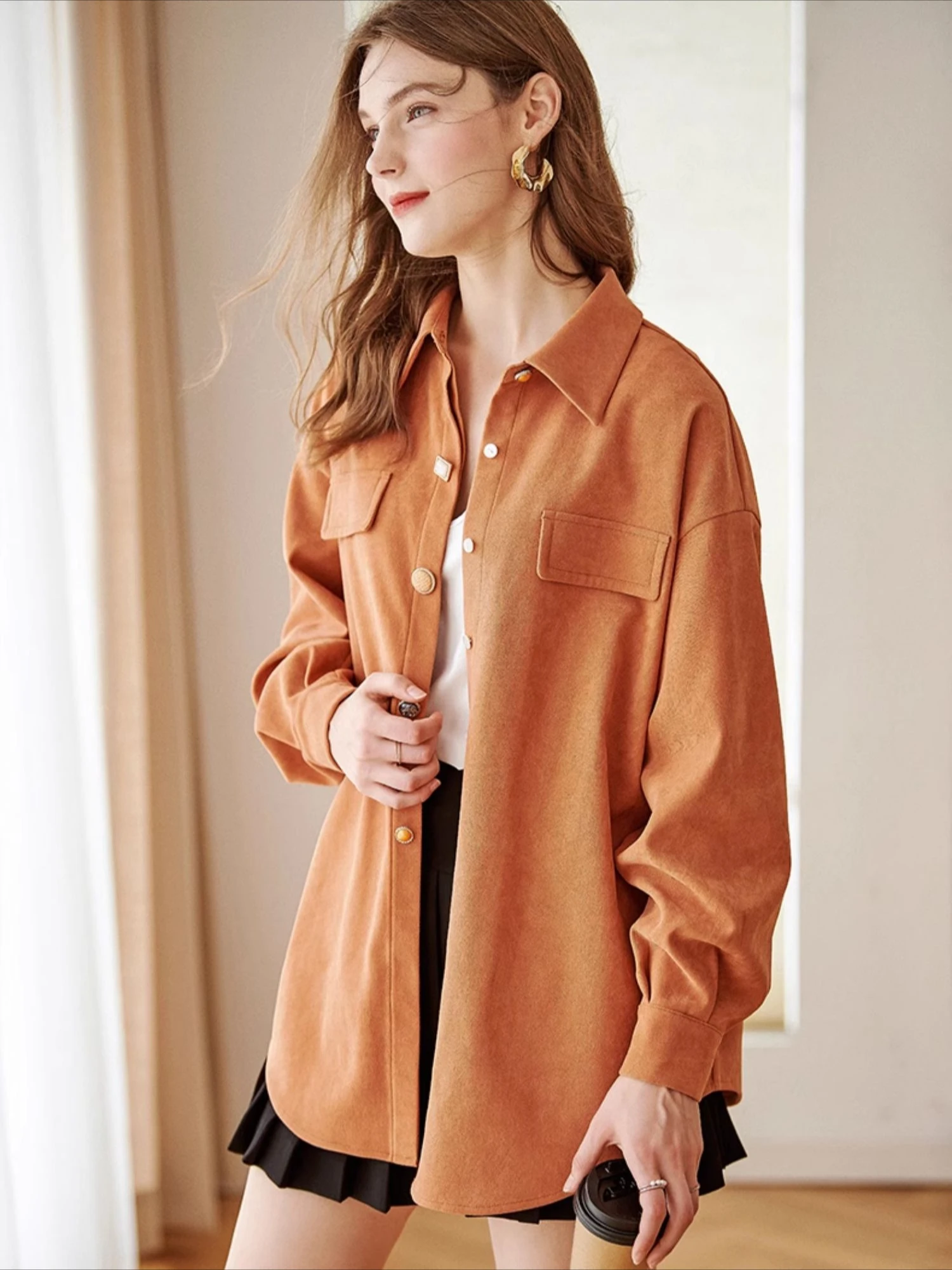 

Oriel Corduroy Long Sleeve Shirt Women's Spring Shacket 2025 Fashion Orange Loose Fit Button Down Shirt Jacket Woman N56QC55565