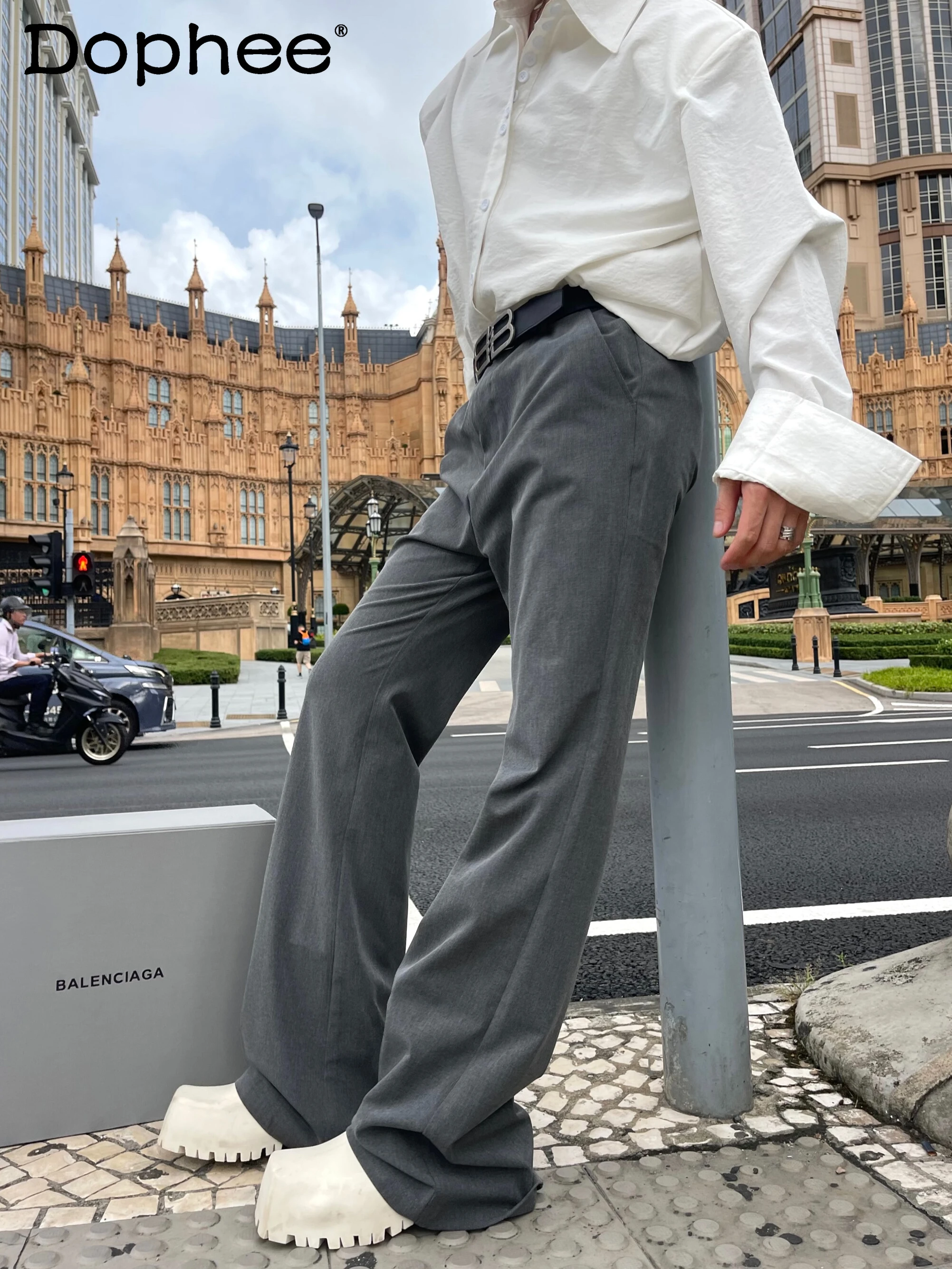 Fashion Gray Trousers Men's 2024 New Straight Loose Casual Design Male Suit Pants Trendy Male Solid Color Zipper Blazer Trousers