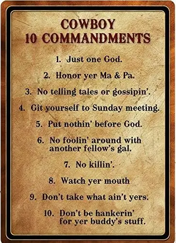 Cowboy 10 Commandments Metal Sign Country Western Southern Redneck Rules