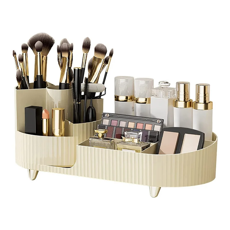 Rotating Makeup Organizer for Vanity Cosmetics Organizer for Storage Makeup Brush Holder Skincare Organizers,Creamy-White