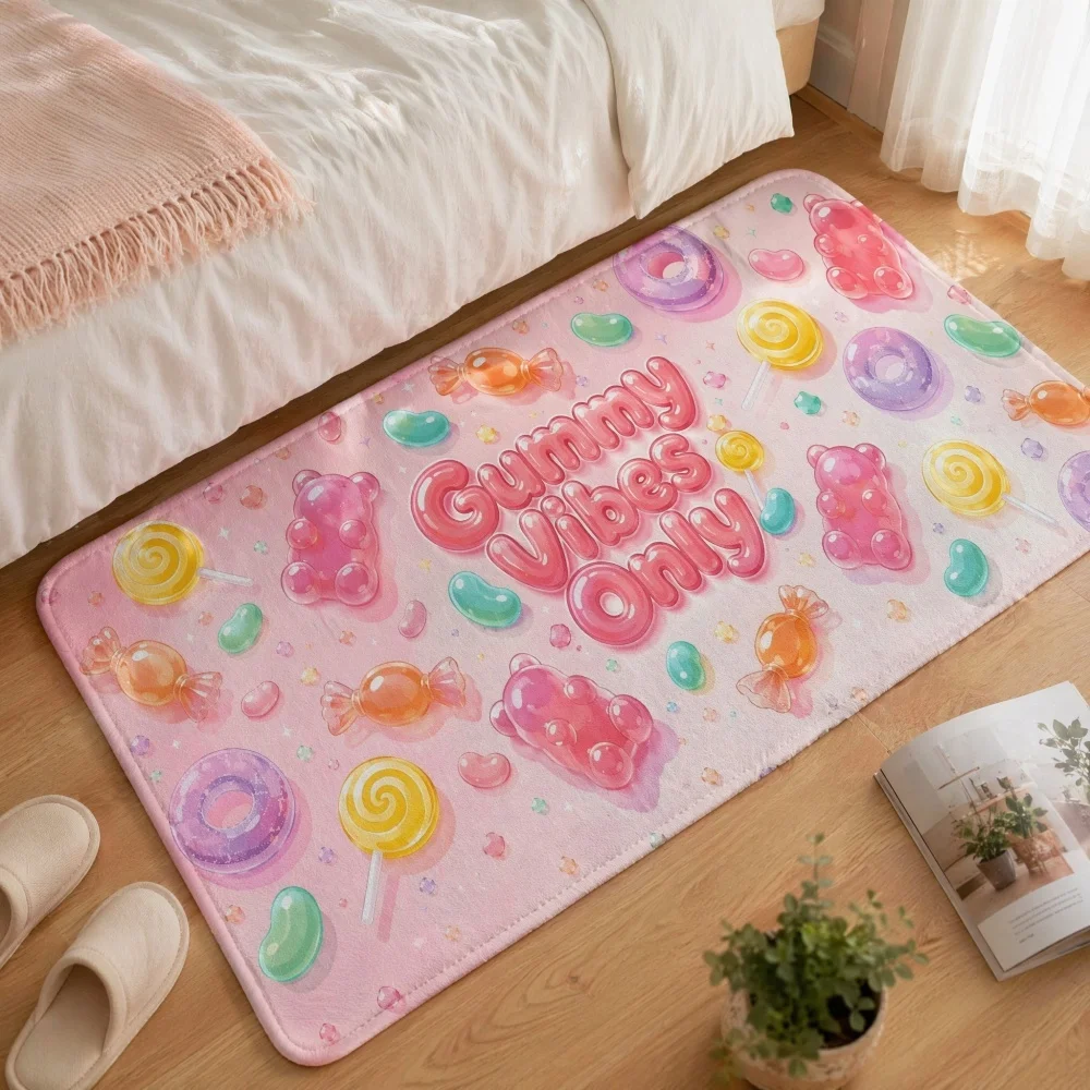 Pink 3D Gummy Bear Candy Flannel Runner Rug, Cartoon Sweet Pattern Long Floor Mat, Non Slip Girls Bedroom Hallway Decor Rug