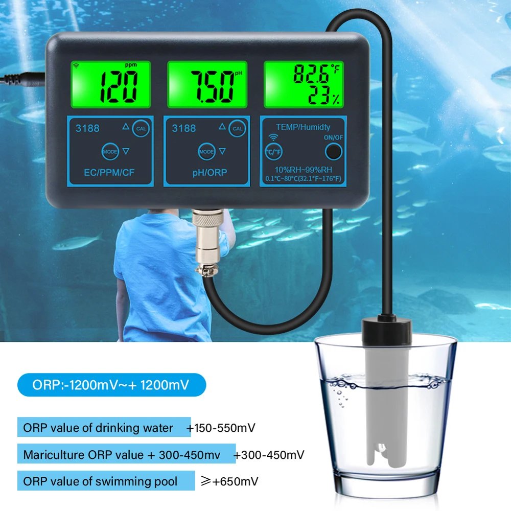 Tuya WiFi 7in1 Water Quality Tester Multi-Parameter Water Analyzer Digital Display PH/ORP/EC/PPM/CF/Humidity/Temperature Monitor