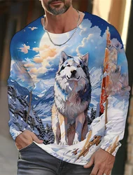 2024 new men's Ukiyoe long-sleeved T-shirt 3d printed high-definition wolf print men's autumn top casual round neck T-shirt