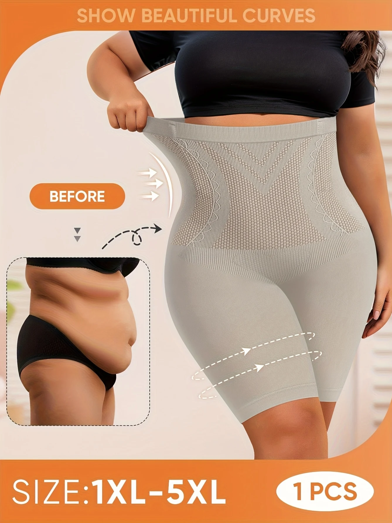 Paquete de 1 ropa interior sin costuras con control de barriga de cintura alta de talla grande para mujer - XL a 5XL, tela elástica suave transpirable,