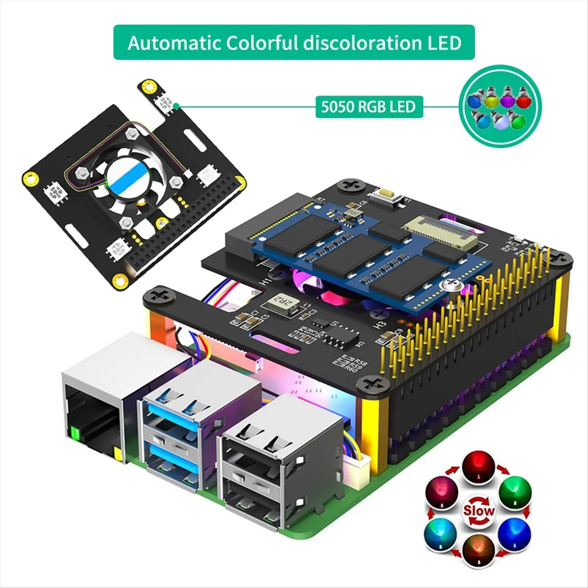 plplp For Raspberry Pi 5 M.2 NVME to PCIe Adapter Supports M2 2230 2242 M Key NVME SSD with Cooler Automatic Discoloration LED