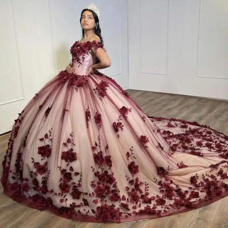 Y&m Novias Dark Red Evening Dress Sweet 16 Dresses 3D Flowers Lace Applique Off Shoulder Prom Ball Gown Graduation Plus Size