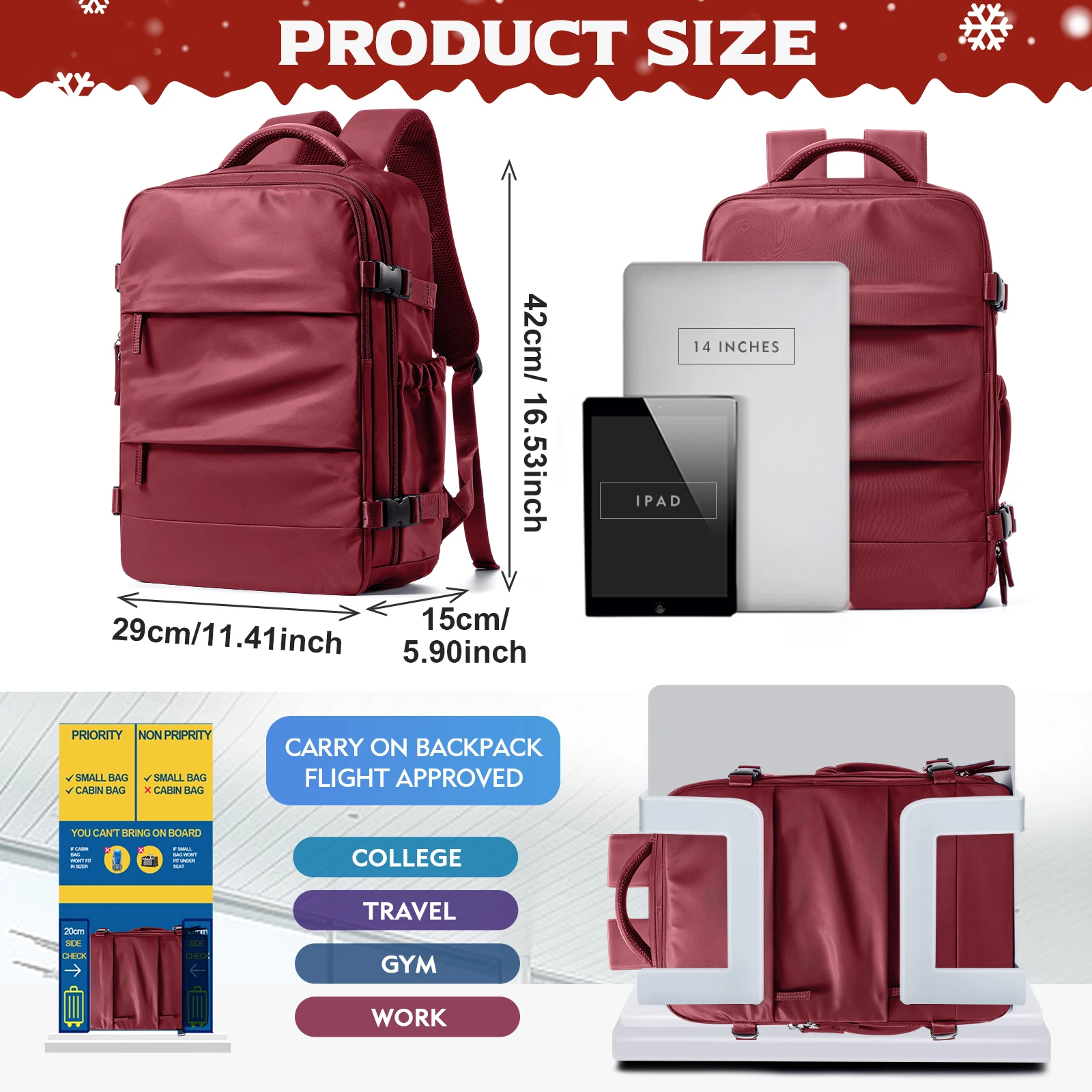 حقيبة ظهر Ryanair للسفر على شكل طائرة المقصورة 40x20x30 للنساء والرجال، حقيبة كمبيوتر محمول، حقيبة ظهر تنفيذية، حقيبة ظهر للأمتعة، حقيبة كتب #2