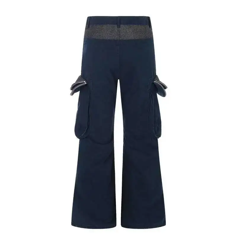 Men's Cargo Pants Navy Blue Zipper Big Pocket Loose Three Dimensional Cut Colorblock Pockets Casual Trousers Fashion 1446A