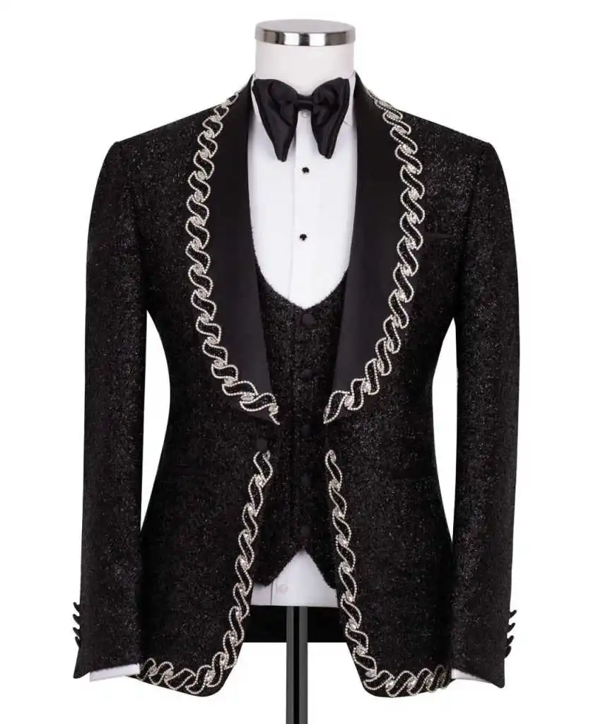 Chic Sequin Men's Tuxedo 3-Piece Set Chain Embroidery Lapel Formal Suit with Bow Tie for Luxury Events & Galas Customized