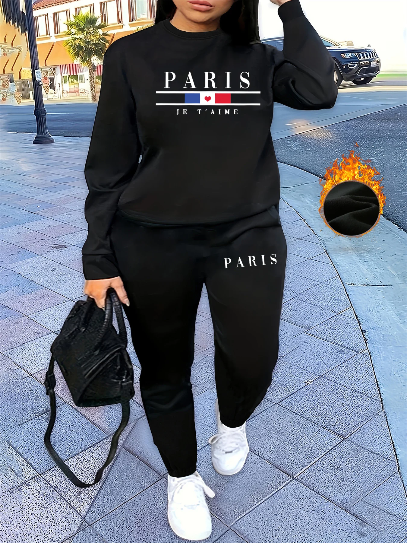 Femmes automne et hiver hip-hop décontracté Paris lettre motif imprimé col rond chemise de sport + pantalon de sport ensemble vêtements chauds