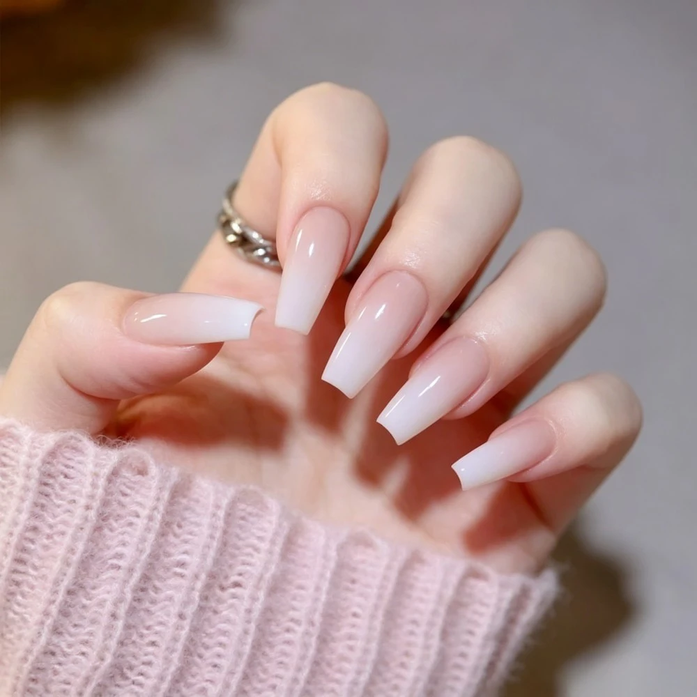 24pcs/Box Long Coffin False Nails Art Rose with Glue Wearable Nude Pink White Color Jelly Nails Tips Full Cover Press on Nails view 3