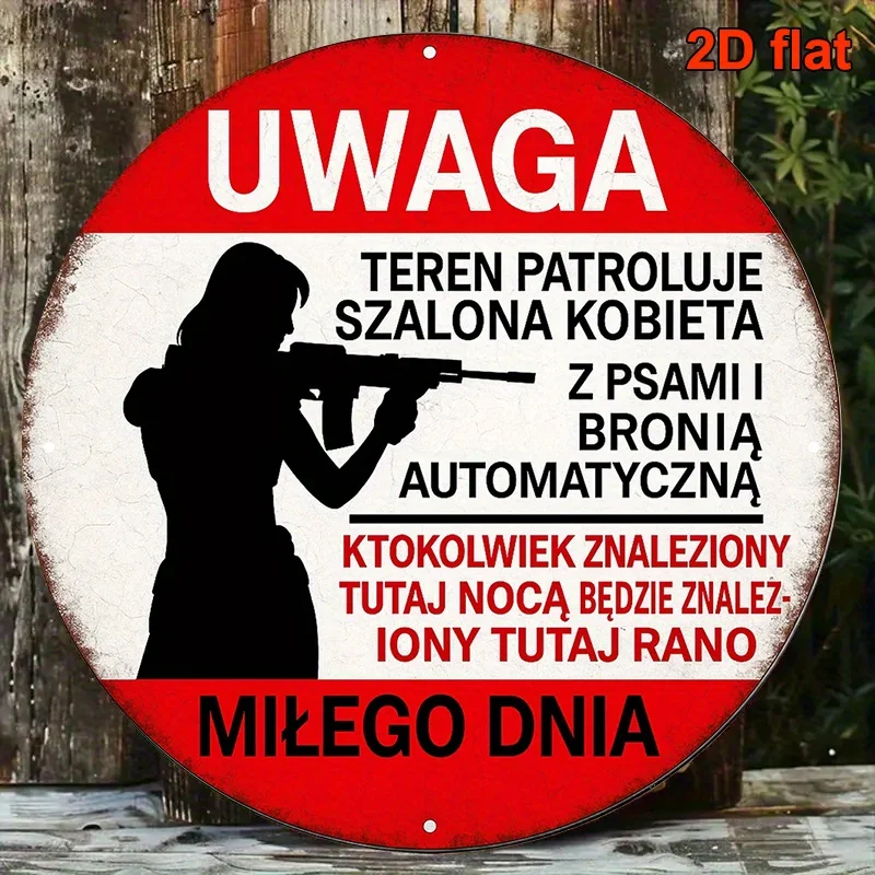 Vintage Round Metal Warning Sign, Polish Text Armed Patrol Woman Silhouette Wooden Fence Outdoor Security Wall Decor Plaque