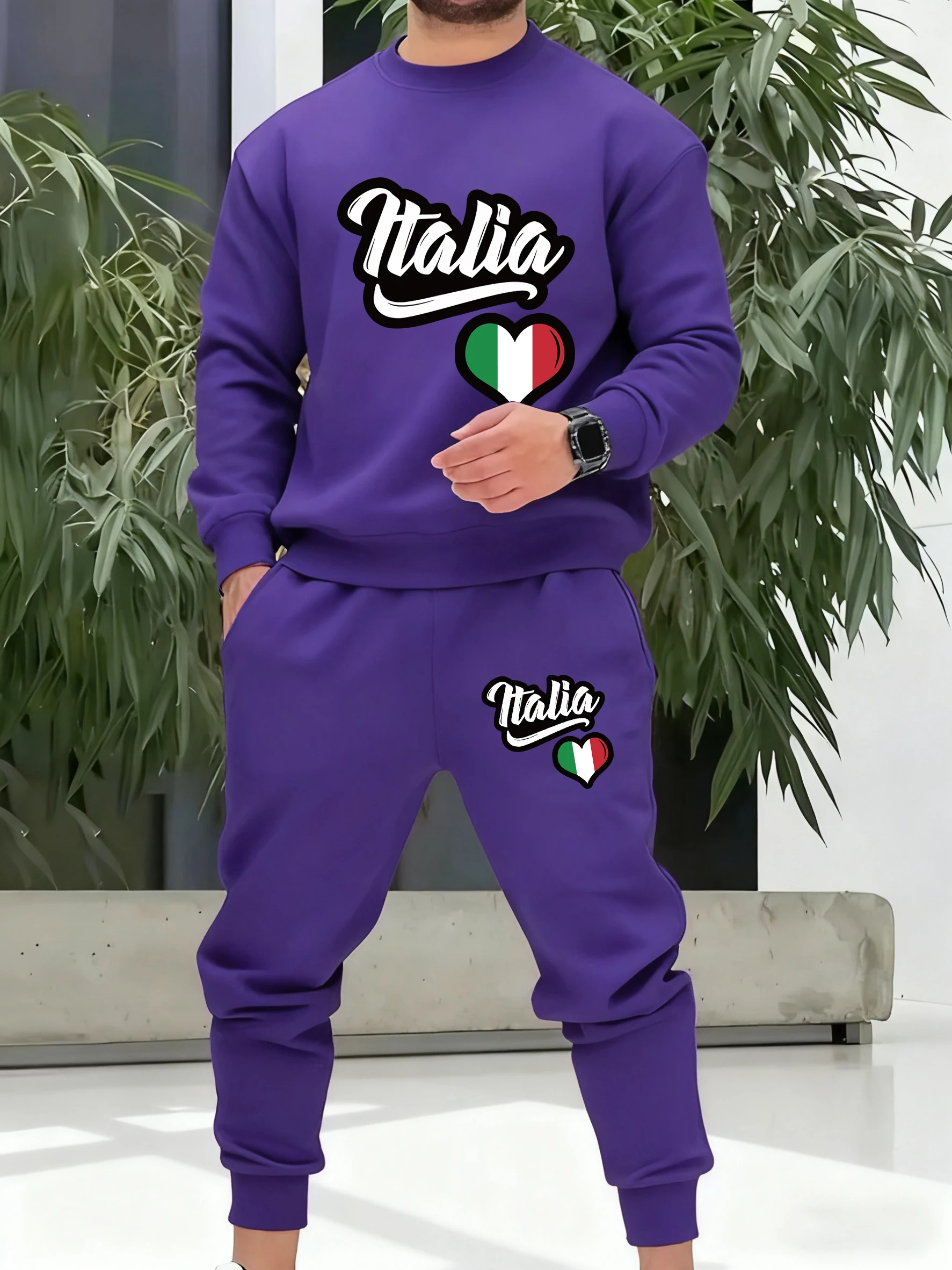 

Italia Heart-Shaped Print Tracksuit For Man Fashion Set Casual Fleece Simple Pants Loose Sportset Mans Autumn All-Match Clothing