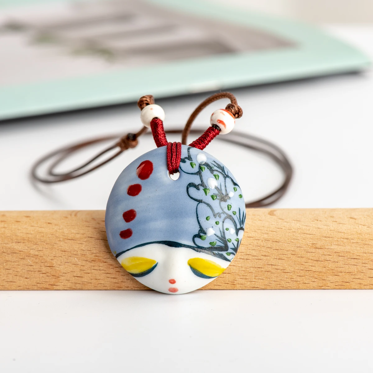 L China Ceramic Girl Face Pendant Bar necklace retro Chinese style Necklaces & Pendants #IY462