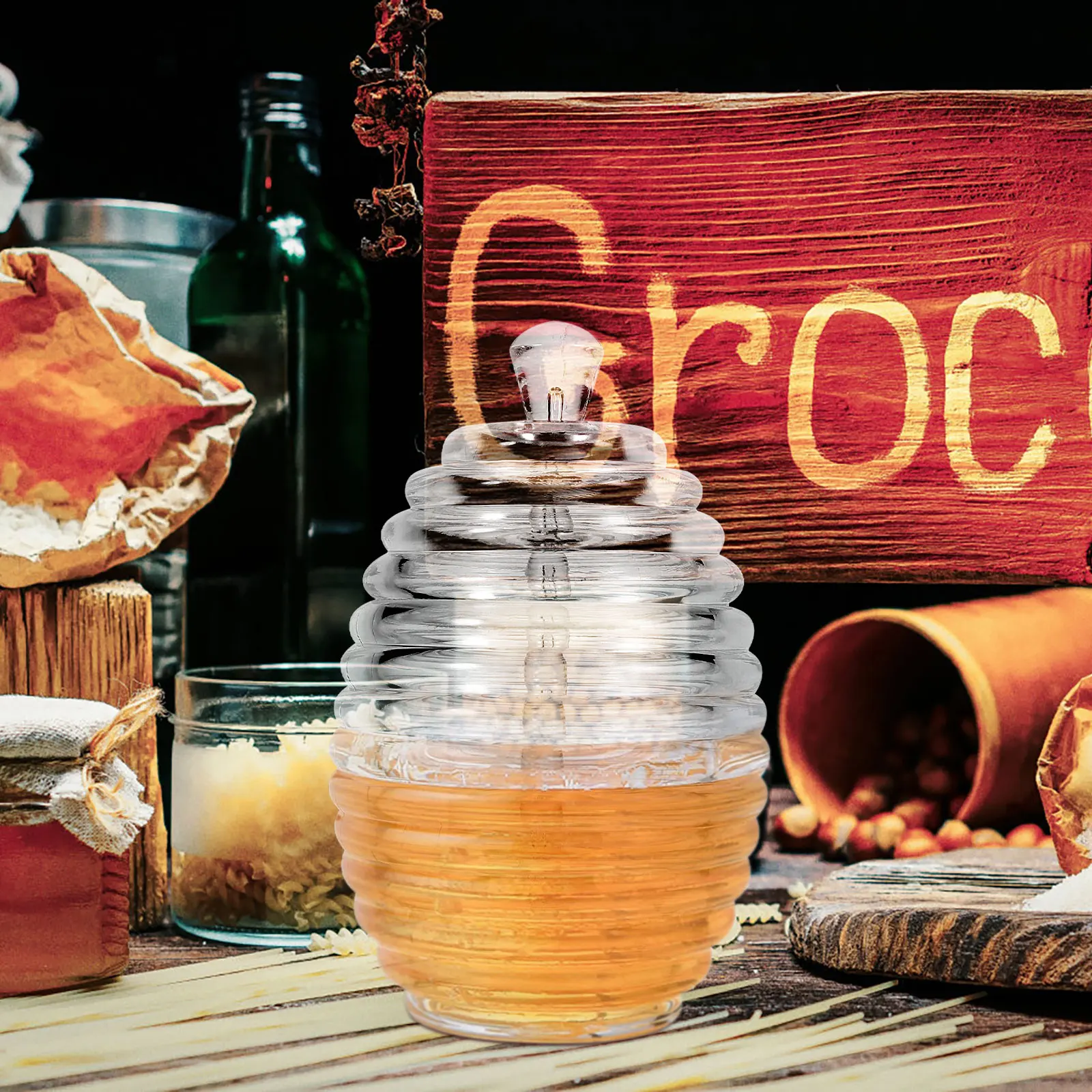 

Honey Storage Jar Honey Pot Container Syrup Transparent Plastic Dipper Dispenser Smooth Surface Various Uses Pickle Pepper