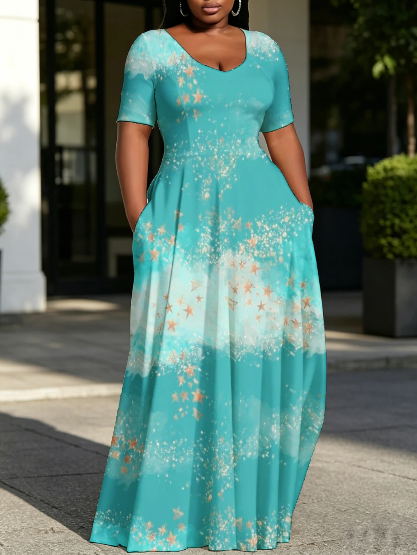 

2026 New Women's Long Dresses Plus Size Vintage O-Neck Short Sleeve Flowy A-Line Maxi Robes with Pockets Party & Daily Wear