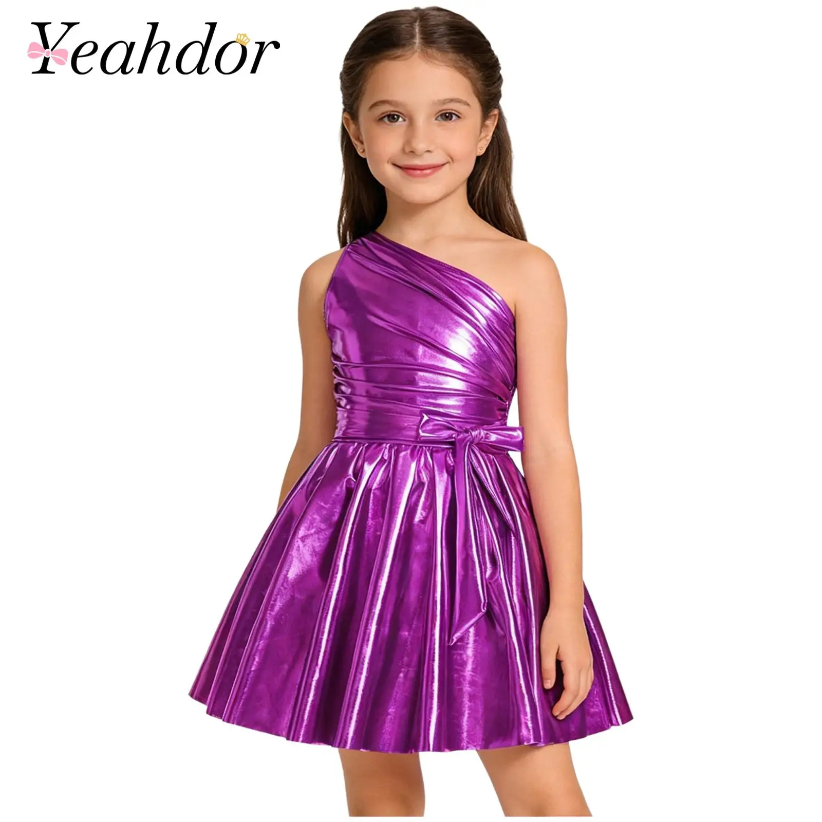 

Girls' Sleeveless Dress One Shoulder Party Gown Ruched Puff A-line Metallic Shiny Prom Dress for Disco Performance Dance Costume