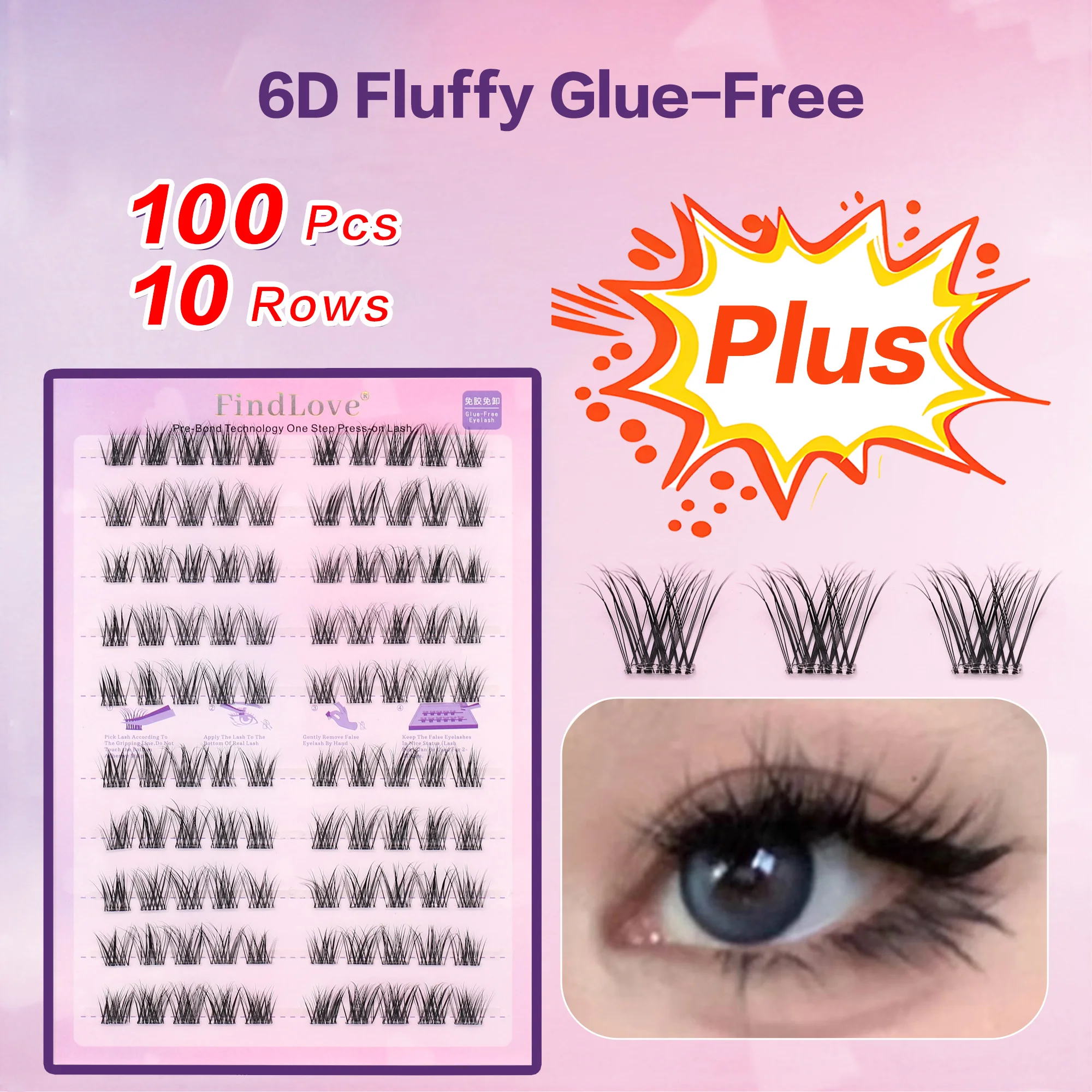 10Rows FindLove No Glue Needed Eyelashes Self Adhesive False Eyelash with Adhesive Press on Lash Pre Bond Reusable Lash Clusters