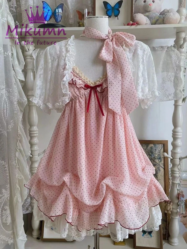 Mikumn Y2K Japanse Meisjes Zoete Kawaii Roze Polka Dot Jurk Harajuku Zomer Vrouwen Mouwloze Spaghetti Ruches Mini Jurk