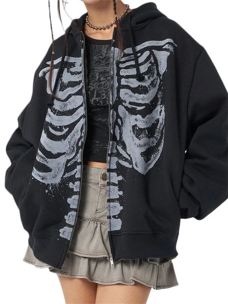 Women's Spring Autumn Hoodie Coats Long Sleeve Skull Print Zipper
