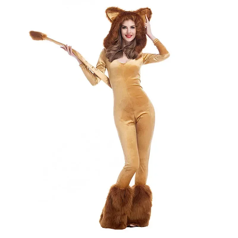 Disfraz de León de Halloween para mujer, disfraz de Animal, fiesta de juegos de rol, ropa de escenario, mono de León peludo Sexy con traje de cola grande