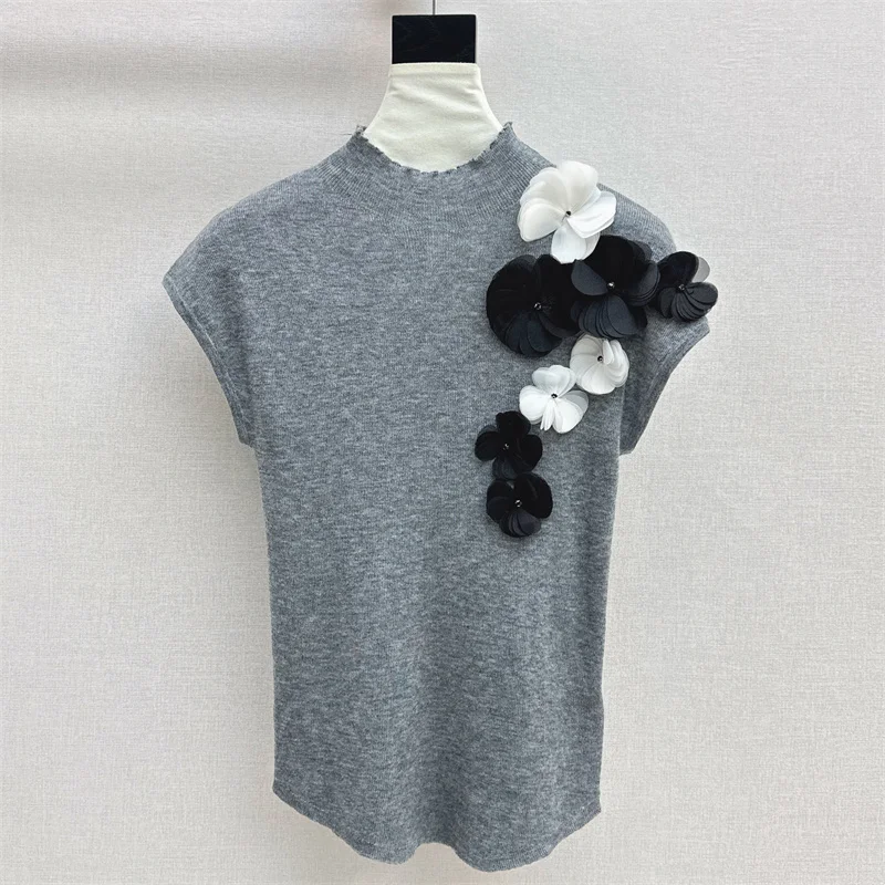 

Women's vest New elastic knitted slim sleeveless top for autumn 2025 wool blend women's sweater 3D flower decoration Knitwear
