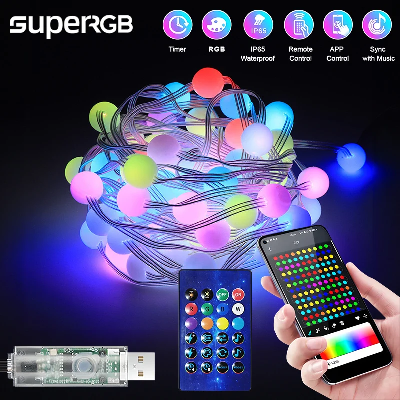 

10M RGB LED Fairy Lights Globe Ball String Smart APP Bluetooth Control Addressable Garlands Outdoor Christmas Room Decoration