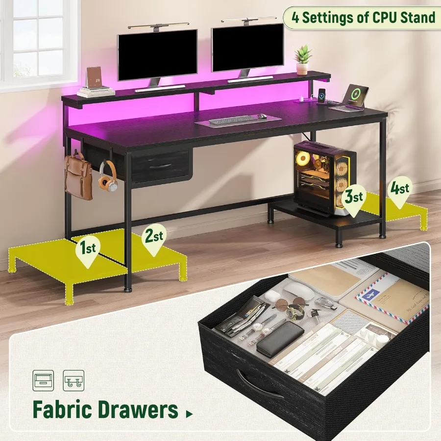 47.2 Adjustable Height Gaming Desk with Builtin Power Outlet and Ambient LED Lighting Compact Computer Desk Featuring Dual Moni