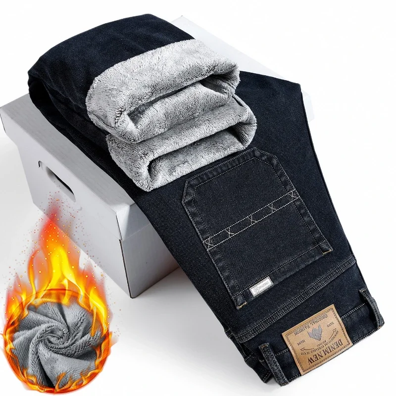 2026 New Middle Aged Loose Straight Leg High Waisted Elastic and Plush Thick Jeans for Men Warm and High-quality Pants
