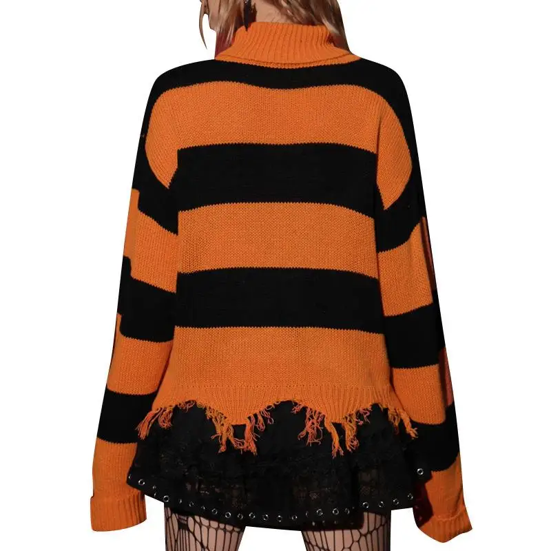 

loween Bat Embroidery High Ne Loose Knitted Sweater Women's Vintage Striped Color Blo Long Sve Crew Ne Top