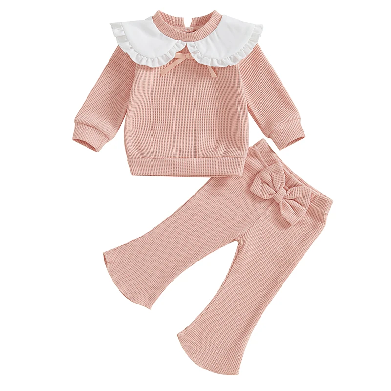 Baby Girls 2-piece Outfit, Long Sleeve Patchwork Sweatshirt with Flare Pants Fall Clothes