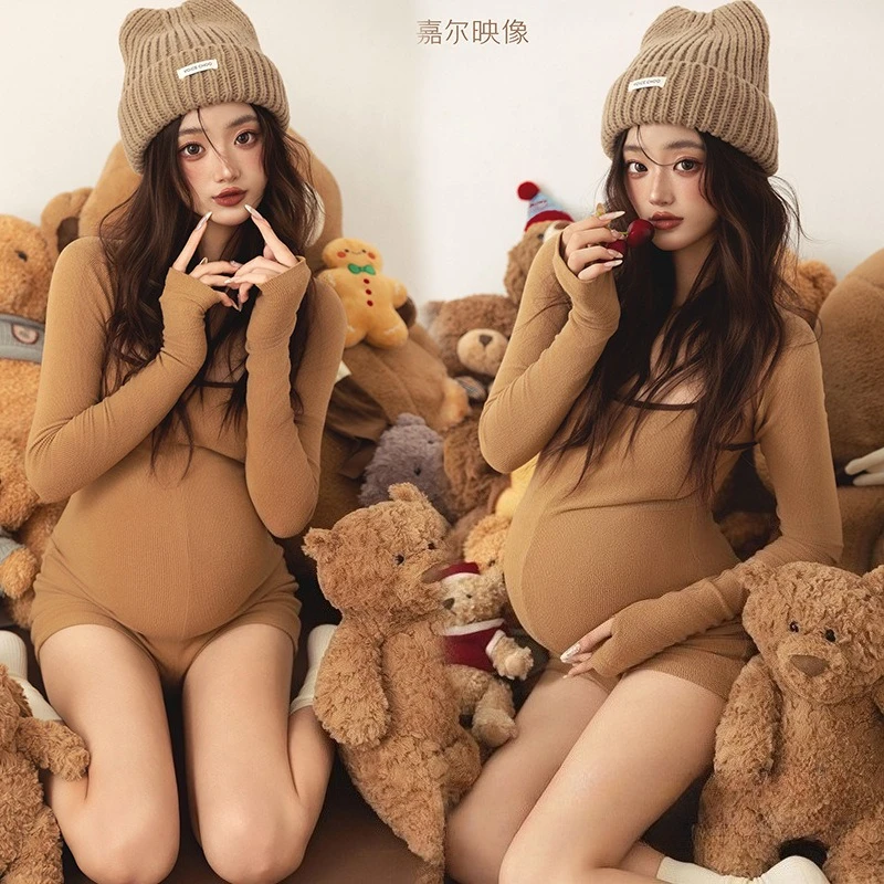 

Женское платье для беременных для фотографии, осеннее коричневое боди с длинными рукавами и накидкой, комплект из 2 предметов для женской студии, одежда для фотосессии