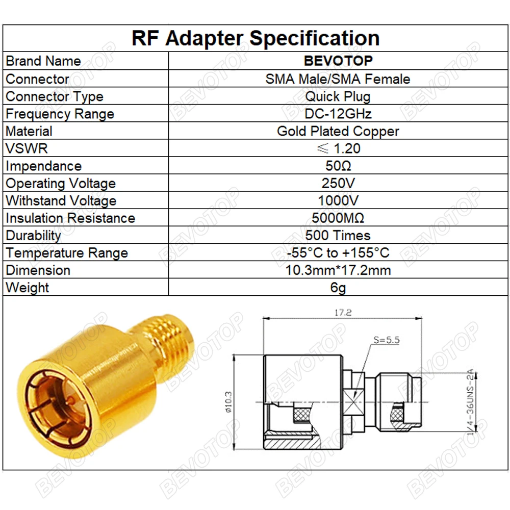 BEVOTOP DC-12GHz SMA Male Plug to SMA Female Jack Quick Plug Adapter 50 Ohm RF Coaxial Connector High Quality Fast Ship