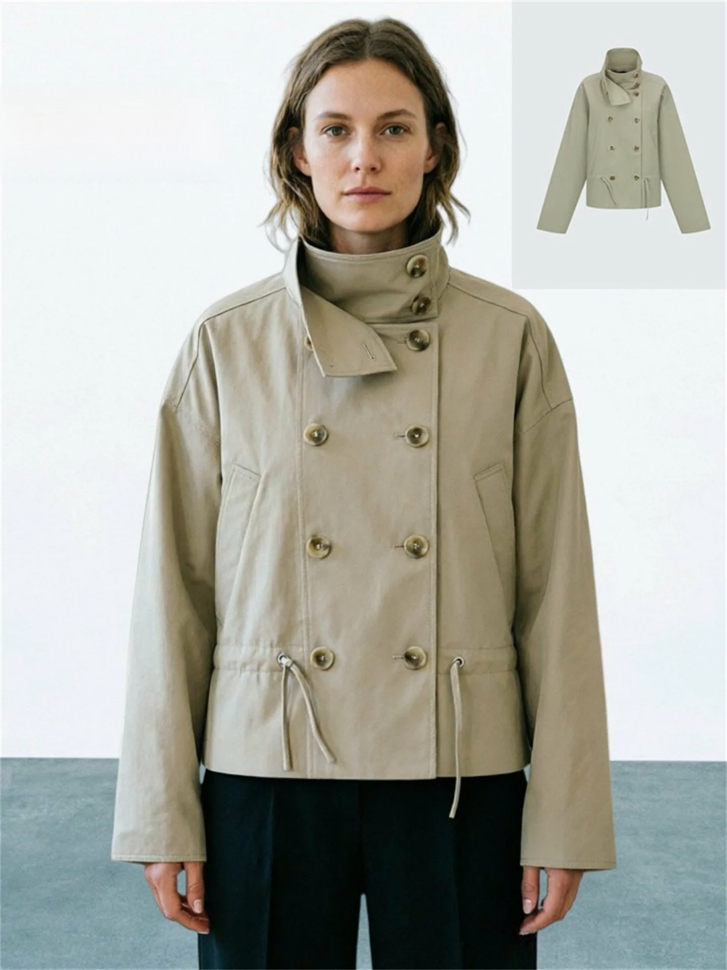 Women's Double-Row Buttoned Windbreaker with Drawstring Stand Collar Commuter Style Fashion Outerwear Short Length Cotton Blend