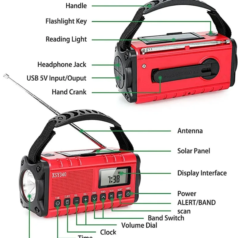 Solar Multifunctional Radio Flashlight SOS Alarm with Hand Cranked Power Generation 10000mAh Battery Emergency Charging