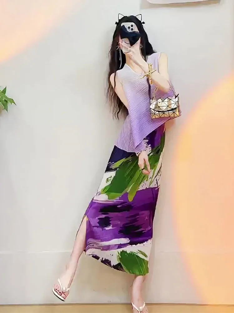 

Stunning Beautiful Summer Gradient Purple Top Floral Print Half Skirt Pleated Set Fashionable Women's Ensemble round Neck