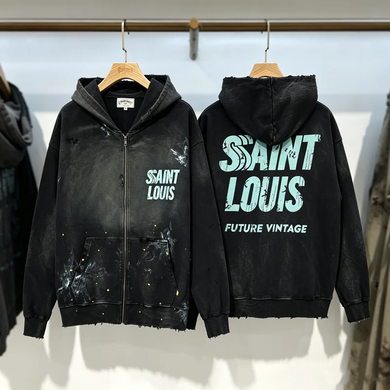Splashed Ink Sssaint Louis Graffiti Label Zipper Hoodie Jacket Men Women Vintage Washed Loose Hole Damaged Pullovers Sweatshirts
