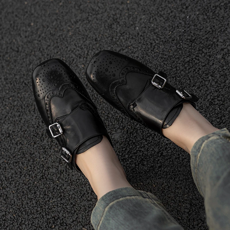 أحذية نسائية مسطحة من البغال البروغ أحذية على الطراز الأساسي من الجلد الطبيعي على الطراز البريطاني بمقدمة مستديرة نصف شباشب أحذية ربيع الخريف #5