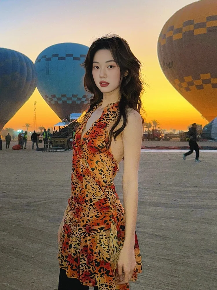 

Ins Sli Сексуальная леопардовая принт Глубокая V-образная кружевная отделка Ne Hanging Dr Beach Vaion Повседневная ретро Sle ort Dr